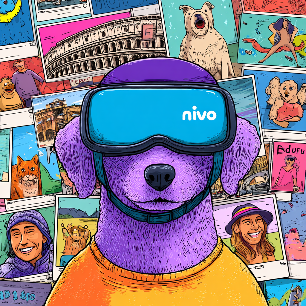 Nivo - Cachorro com óculos VR cercado por fotos de atividades